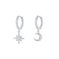 wholesale 925 Sterling Silver Starry Moon Earrings For Women, Asymmetric Star And Moon Design With Inlaid Crystals, Versatile And Trendy Ear Hoops-E1650-White Gold 925 Silver