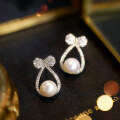 wholesale 925 Sterling Silver Bow Pearl Earrings New Trend Micro-Inlaid Zircon Earrings for Women Minimalist Sensibility-0-0