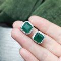 wholesale S925 Sterling Silver Vintage Elegant Gemstone Earrings with Natural Chrysoprase Inlay, Small Luxurious Style Square Earrings-0-4