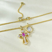wholesale S925 silver jewelry, daily wear pink steel cross pendant, versatile and stylish commuting stretch necklace, live broadcast collection-N374 Pink Steel Cross Electroplated Gold &gt;925 Silver