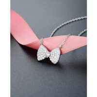 wholesale S925 Sterling Silver Korean Minimalist Fashion Zirconia-Studded Pendant Necklace Set, Versatile Bow Choker for Women-Bow necklace platinum &gt; 925 silver