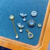wholesale Gold-plated S925 silver accessory bracelet necklace DIY semi-finished aquamarine drop pendant four-leaf clover earrings-Aquamarine round beans