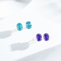 wholesale S925 Sterling Silver Classic Four-Prong Earrings for Women, Ice Cut, Radiant Cut Purple Diamond, Purple Dawn Stud Earrings Wholesale-Ocean Blue-ED157 925 Silver