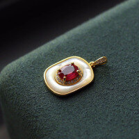wholesale Metal material first: Vintage luxury natural ruby mother-of-pearl earring pendant French design minimalist set live broadcast supply-Ruby and White Mother of Pearl Pendant