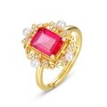wholesale S925 Sterling Silver with 10K Gold Plated Japanese Retro-Style Geometric Red Ruby Ring for Women, Drop Shipping-0-4