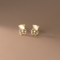wholesale S925 Sterling Silver Korean-style Cubic Zirconia and Synthetic Cat's Eye Stone Bear Stud Earrings, Sweet and Fresh M02347-S925 silver pair 925 silver