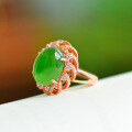 wholesale 925 Sterling Silver Rose Gold Plated Large Egg-Shaped Jadeite Women's Ring with Certificate, Set with Natural Green Jade, Open Adjustable Index Finger Ring-0-5