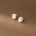 wholesale S925 Sterling Silver Sweet Row of Diamonds Pearl Crown Stud Earrings for Women, Korean Style Petite Student Earrings M02041-0-0