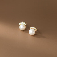 wholesale S925 Sterling Silver Sweet Row of Diamonds Pearl Crown Stud Earrings for Women, Korean Style Petite Student Earrings M02041-S925 silver pair gold 925 silver