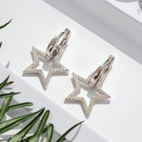 wholesale S925 Sterling Silver Five-Pointed Star Pendant Ear Hoops with Micro-Inlaid Zirconia Star Earrings, Exuding a Sense of Understated Luxury and Sophistication-Platinum