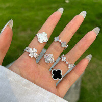 wholesale S925 Sterling Silver Women's Heart-Shaped Four-Leaf Clover Zircon Separate Design Small Luxury Ring-DY120712-SW-WH 5