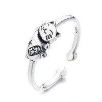 wholesale S925 Sterling Silver Retro Vintage Style Lucky Cat Open Ring, Small and Cute, Trendy and Versatile Index Finger Ring-667J/approx. 2.2g Opening adjustable