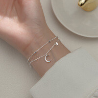 wholesale S925 Silver Double Layer Sweet Star and Moon Bracelet for Women, Forest Style Fresh and Elegant with Diamond Accents, Summer Accessory S4408-S925 silver one 925 silver