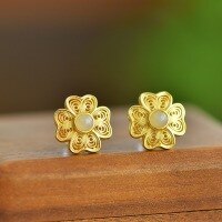 wholesale 925 silver gold-plated new Chinese-style filigree openwork earrings with Hetian jade inlaid, featuring a palace-inspired design-Gold>925 silver