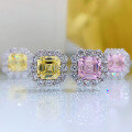 wholesale 18K gold new 2-carat pagoda-cut fancy color diamond stud earrings for women, simulated Asscher-cut yellow diamond and pink diamond-0-2