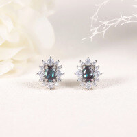 wholesale S925 gold-plated silver retro sunflower synthetic alexandrite gemstone earrings, two-way earrings-Sunflower Alexandrite Earrings