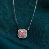 wholesale 925 Silver Jewelry by Shi Pei, 2ct High Carbon Diamond Necklace, 6*6 Cushion Ice Flower Cut European-American Diamond Yellow Necklace, 40+5cm-Pink 6*6【P-2143】 Chain length 40+5cm