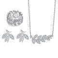 wholesale 925 Sterling Silver Full Diamond Leaf Ring, Leaf Necklace, and Stud Earrings Women's Minimalist High-End Jewelry Set of Three-0-0