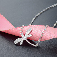 wholesale S925 sterling silver and zirconia elegant and fresh Korean-style cute little dragonfly pendant necklace for women-003580-Platinum>S925 Silver