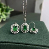 wholesale S925 Sterling Silver Colored Gemstone Imitation Natural Emerald Necklace and Earrings Set for Women Cross-border Trade Collarbone-5*7 Emerald Cut Green Zircon Necklace>925 Silver