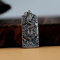 wholesale 990 sterling silver retro dragon totem square pendant, men's necklace, pure silver matte finish sweater chain, Thai silver women's necklace-Small 3000046 Pure Silver