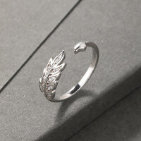 wholesale S925 Silver Korean Fashion Sweet Women's Hand Accessories, Zircon Inlaid Creative Personality Open Leaf Ring-925 silver ring Adjustable opening