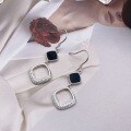 wholesale S925 Sterling Silver Geometric Black Onyx Diamond Inlaid Drop Earrings for Women, Elegant and Minimalist-0-1