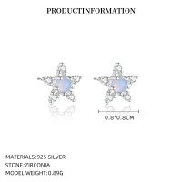 wholesale S925 Sterling Silver Eu Blue Opal Star Earrings For Women, Wholesale, Light Luxury, Niche, High-end-E5715_Glass Blue Protein/White Zirconium_Platinum Plated_With Small Flower Ear Cap 925 Silver