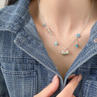 wholesale 990 Sterling Silver Small Fresh Enamel Drip Oil Necklace, Ins-style Colorful Floral Bag Necklace Y02149-Pure Silver 990 Necklace Pure Silver