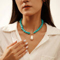 wholesale Metal material, Bohemian style natural turquoise beaded necklace with an irregular Baroque shell pearl drop pendant-0-2