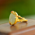 wholesale Silver-plated gold-tone certificate-included floral branch Hetian jade women's ring, vintage Chinese-style adjustable index finger jade ring-0-3