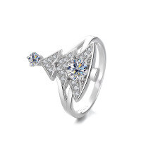wholesale S925 Sterling Silver Cross-Border Moissanite Colorful Diamond Christmas Tree Full Diamond Ring for Women, High-End Fashion Personalized Silver Jewelry-50-point (white zircon) ring size 6