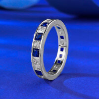 wholesale S925 silver jewelry new style princess cut synthetic sapphire zirconia row diamond ring cross-border design-R1212 Blue and White Princess Cut Ring Size 7