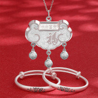 wholesale 999 Sterling Silver Baby Bracelet, Year of the Snake Silver Bangle, Silver Lock Longevity Lock, Unisex Infant Full Moon Silver Jewelry-00283 Longevity Lock (approximately 13.2g) Single Pendant  Pure Silver