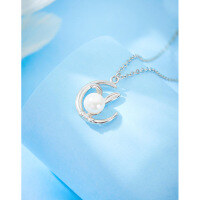 wholesale S925 Sterling Silver Pearl Moon Rabbit Necklace for Women, Small New Design, Chinese Zodiac Rabbit Pendant Collarbone Chain-Rabbit Shell Bead Necklace 925 Silver