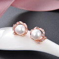 wholesale 925 sterling silver Korean minimalist style synthetic pearl floral earrings, shell pearl fairy-like student ear studs-0-3