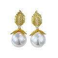 wholesale Golden Leaf French Retro Pearl Earrings 12mm, Elegant and Fashionable Must-Have Item, Bestseller-0-4