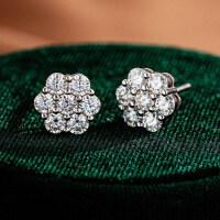 Sterling Silver Hip-Hop American Style Moissanite Snowflake Stud Earrings for Men and Women-Set with 10-point moissanite (gold)  925 silver