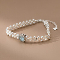 wholesale S925 sterling silver round diamond sea blue topaz Swarovski pearl bracelet, niche French-style luxury women's accessory S6826-S925 silver one double layer domestic Shijiazhu model>925 silver