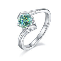 wholesale S925 Silver Green Moissanite 1 Carat Light Arm Angel's Kiss Ring with GRA Certificate Light Luxury Gemstone Ring-1 carat Moissanite green diamond  US size 8