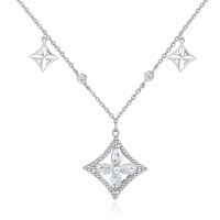 wholesale S925 Sterling Silver European-style Square Pendant with Tassel and Four-Leaf Clover Necklace for Women, High-end and Luxurious-Platinum 925 silver