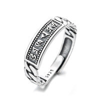 wholesale S925 Sterling Silver Retro Cross Pattern/Six-Syllable Mantra Thai Silver Ring Ethnic Totem Index Finger Ring-593FJ/approx. 3g Opening adjustable