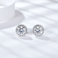 wholesale 18K White Gold Plated Silver D Color Classic Round Moissanite Halo Stud Earrings for TikTok Kuaishou Live, Versatile and Stylish-0-1