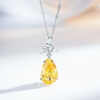 S925 Silver Teardrop Pendant with Aquamarine, Yellow & Pink Diamonds, HW Three-Diamond Necklace Wholesale-Yellow Diamond - XL083  925 Silver