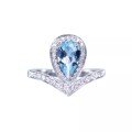 wholesale S925 Sterling Silver Aquamarine Princess Tiara Ring for Women, Small and Unique Design Blue Topaz Pear-shaped Index Finger Ring-0-4