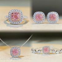 wholesale S925 Sterling Silver Pink Diamond Set Necklace Pendant Earrings Ring Ice Cut Radiant Cut Zircon High Carbon Diamond Ring-Pink Diamond Necklace -XL179 925 Silver