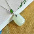 wholesale 925 silver inlaid with Hetian jade square "Wushi" pendant, a certificate-included Hanfu-style antique jade necklace-0-2