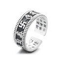 wholesale S925 Sterling Silver Retro Antique Blackened Matte Finish Heart Sutra Mantra Swastika Adjustable Ring Unisex-0-4