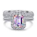 wholesale S925 sterling silver cross-border wholesale 2ct emerald cut moissanite women's ring set, high-end silver jewelry accessories-0-20