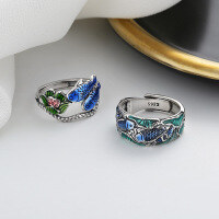 wholesale S925 Sterling Silver Retro Literary Ethnic Style "Year After Year Surplus" Aged Lotus and Carp Ring with Auspicious Meaning for Men and Women-682FJ/A 3.5g Adjustable opening